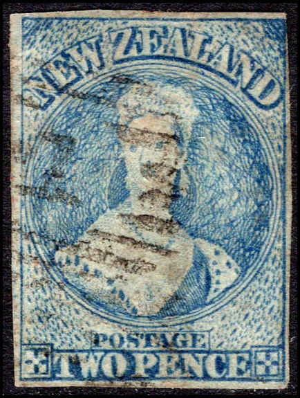 New Zealand 1862-64 2d slate-blue imperf wmk large star fine four margins just touching at right top fine used.