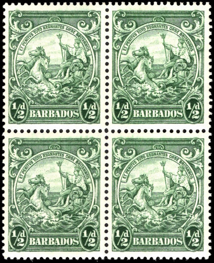 Barbados 1938-47 ½d green perf 13½ block of 4 fine unmounted mint.