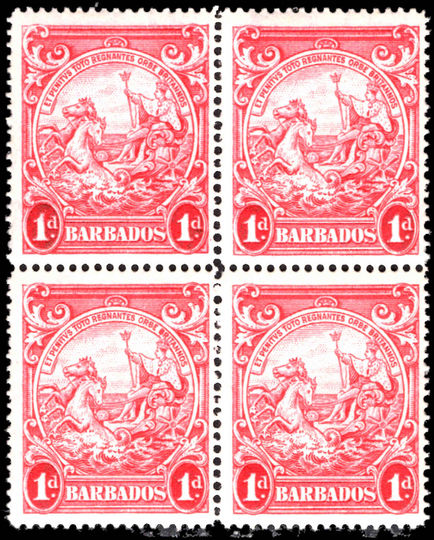 Barbados 1938-47 1d scarlet perf 14 block of 4 fine unmounted mint.