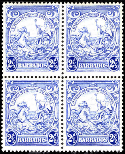 Barbados 1938-47 2½d blue block of 4 fine unmounted mint.