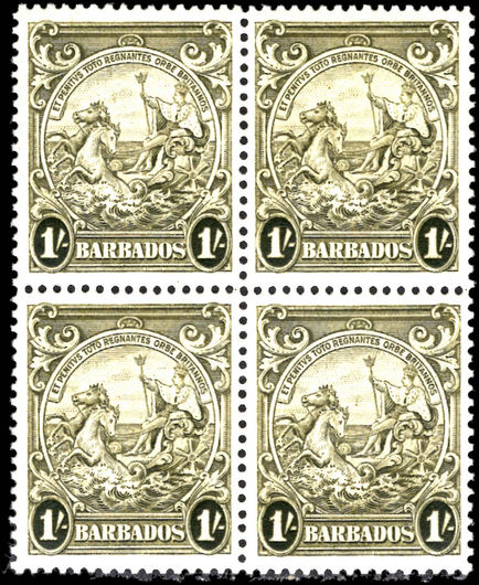Barbados 1938-47 1s olive-green block of 4 fine unmounted mint.