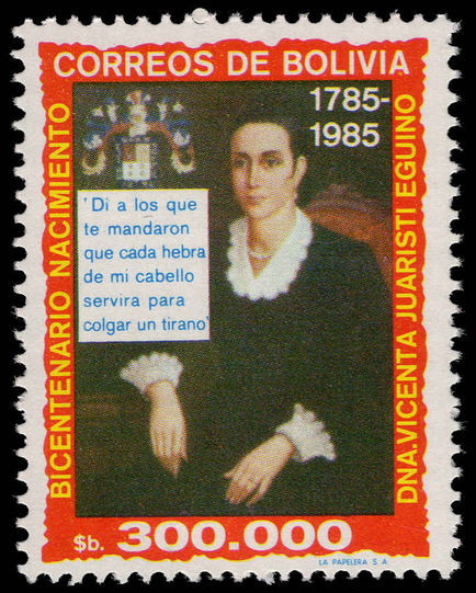Bolivia 1985 Vicenta Juaristi Eguino unmounted mint.