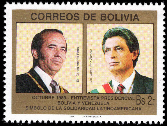 Bolivia 1989 Presidents of Venezuela and Bolivia unmounted mint.