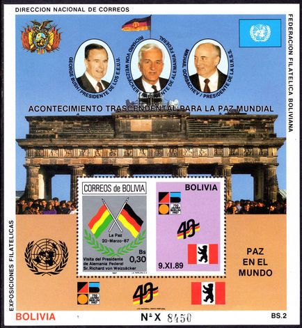 Bolivia 1990 Berlin Wall souvenir sheet unmounted mint.