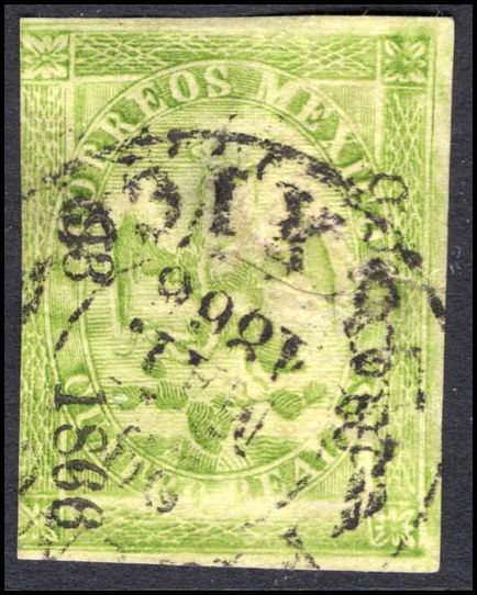 Mexico 1864-66 4r green consignment number and date in small letters (thin) fine used.