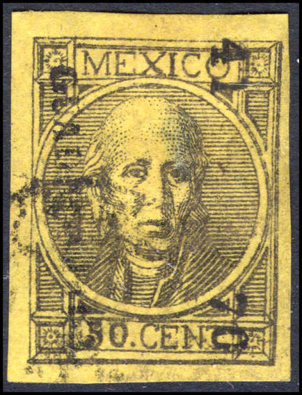 Mexico 1868 50c black on lemon imperf thick figures of value fine used.
