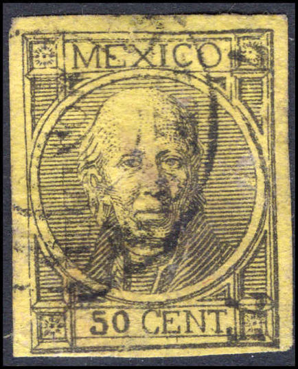 Mexico 1868 50c black on lemon imperf thick figures of value NO STOP fine used.