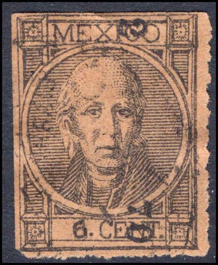 Mexico 1868 6c black on orange-brown thick figures of value perf fine used.