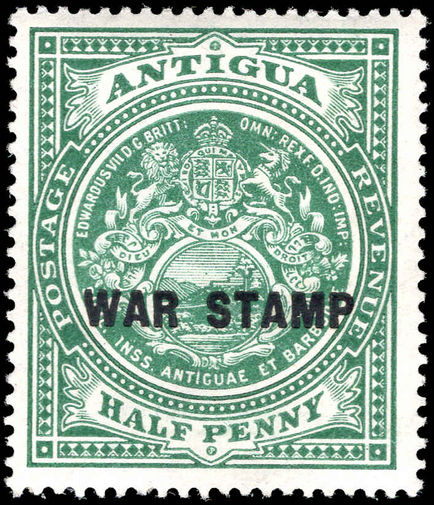 Antigua 1916-17 ½d green WAR TAX black overprint lightly mounted mint.