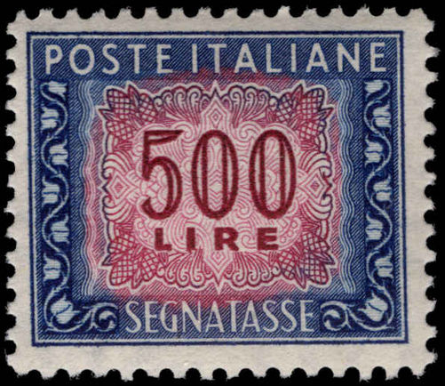 Italy 1947-54 500l lake and deep blue perf 13½x14 postage due wmk winged wheel fine unmounted mint.