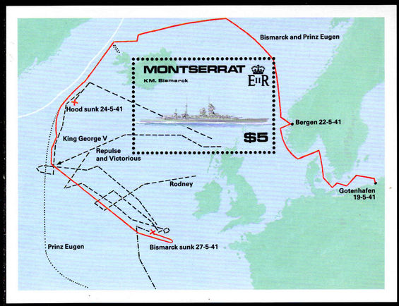 Montserrat 1990 Bismark Battleship souvenir sheet unmounted mint.