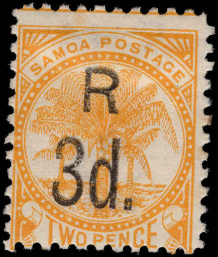 Samoa 1895-1900 3d on 2d orange-yellow handstamped lightly mounted mint.