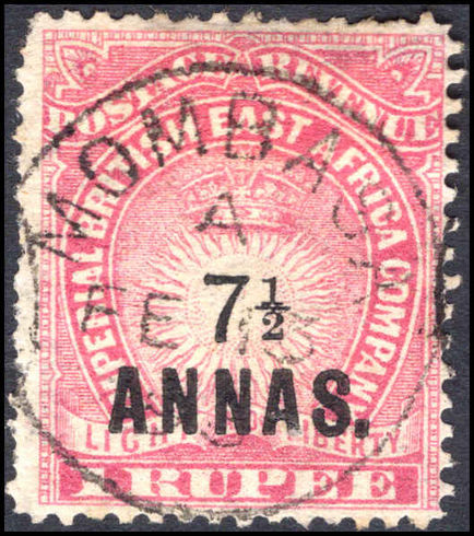British East Africa 1894 7½a on 1r carmine fine used.