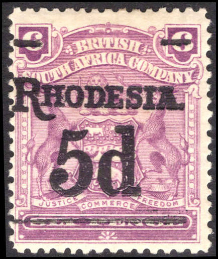 Rhodesia 1909-11 5d on 6d reddish-violet mounted mint.