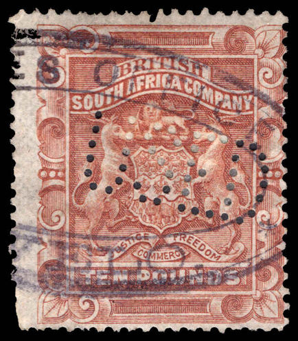 Rhodesia 1892-93 £10 brown fiscally used.