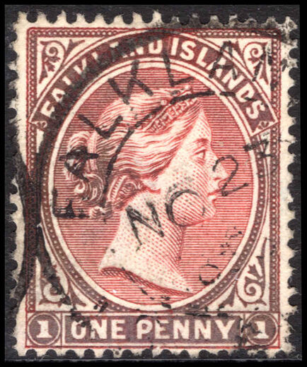 Falkland Islands 1889-91 1d red-brown reversed watermark fine used.