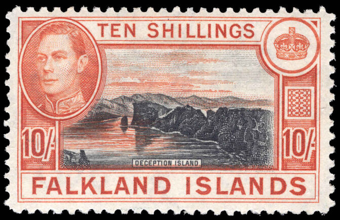 Falkland Islands 1938-50 10s black and orange-brown lightly mounted mint.