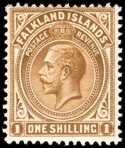 Falkland Islands 1912-20 1s light bistre-brown lightly mounted mint.