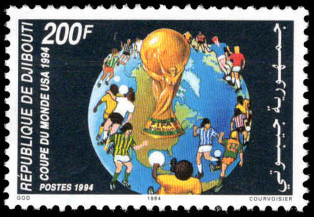 Djibouti 1994 World Cup Football unmounted mint. Lightly handstamped Post-museet Oslo from UPU archive.