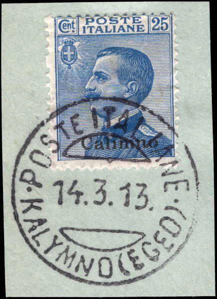Calimno 1912-21 25c blue fine used on piece.
