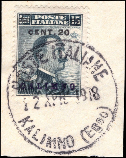 Calimno 1912-21 20c on 15c slate fine used on piece.