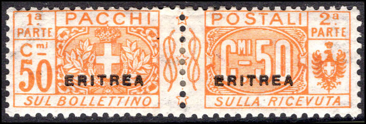 Eritrea 1916-24 50c Parcel Post small overprint lightly mounted mint.
