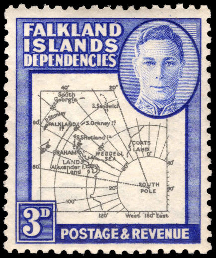 Falkland Island Dependencies 1946-49 3d black and blue thick map lightly mounted mint.