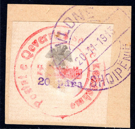 Albania 1913 handstamped 20pa red and grey fine used.