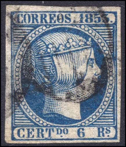 Spain 1853 6r blue thin paper extremely fine used.