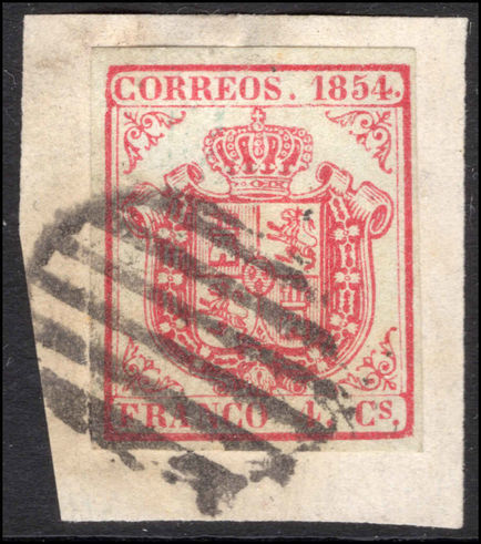 Spain 1854 4c rose thick bluish paper fine used on piece.