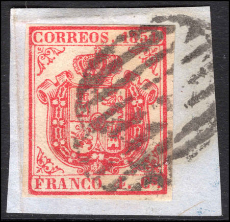 Spain 1854 4c carmine thick paper fine used on piece.