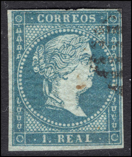 Spain 1855 1r greenish blue on bluish paper fine used.