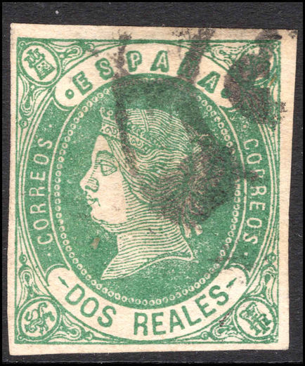 Spain 1862 2r pale-green on pale rose fine used.