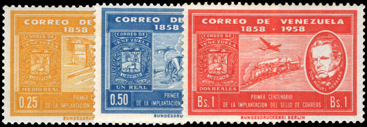 Venezuela 1959 Centenary of First Venezuelan Postage Stamps regular set unmounted mint.