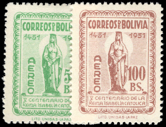 Bolivia 1952 500th Birth Anniversary of Isabella the Catholic airs unmounted mint.