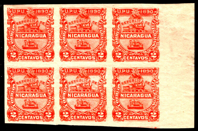 Nicaragua 1890 2c vermillion imperf block of 6 4 stamps unmounted mint.