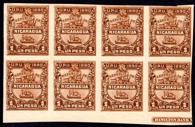Nicaragua 1890 1p brown imperf block of 8 6 stamps unmounted mint.