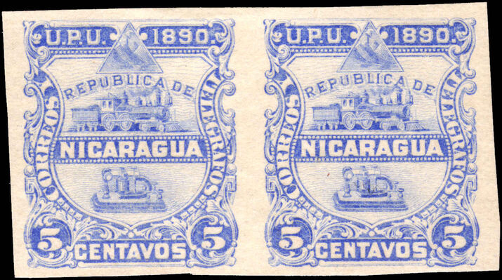 Nicaragua 1890 Official 5c missing overprint imperf pair lightly mounted mint.