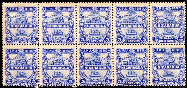 Nicaragua 1890 Official 5c missing overprint block of 8 6 stamps unmounted mint.