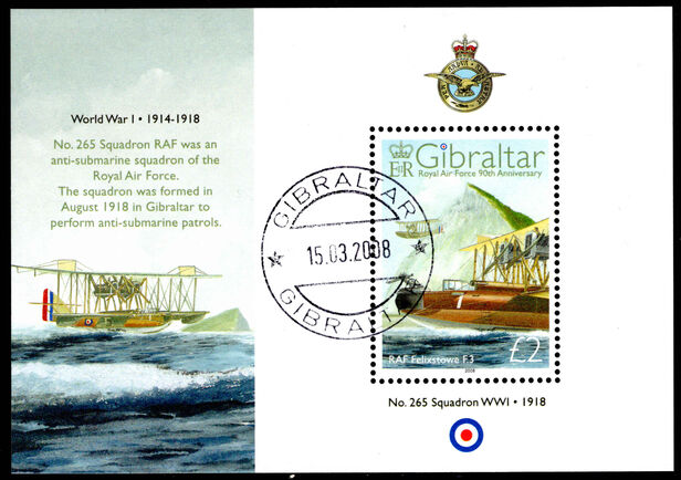 Gibraltar 2008 RAF souvenir sheet fine used.