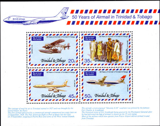 Trinidad & Tobago 1977 50th Anniversary of Airmail Service souvenir sheet unmounted mint.
