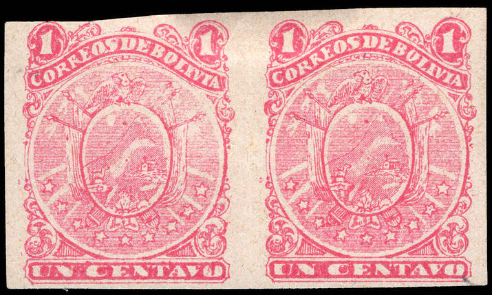 Bolivia 1893 1c rose imperf pair unused no gum.