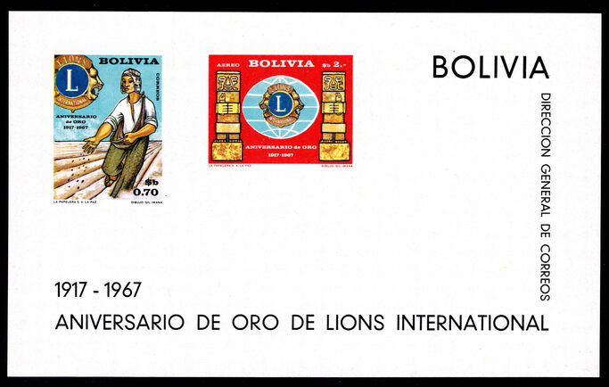 Bolivia 1967 50th Anniversary of Lions International souvenir sheet lightly mounted mint.