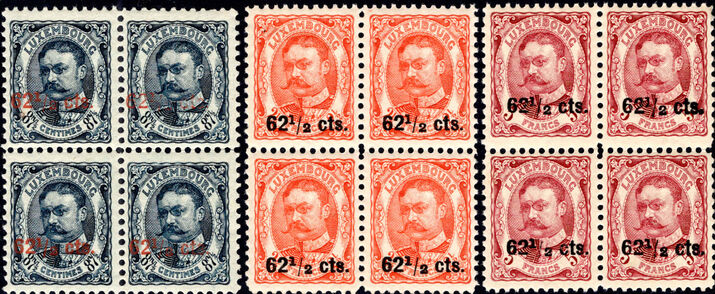 Luxembourg 1912 provisionals in blocks of 4 unmounted mInt.