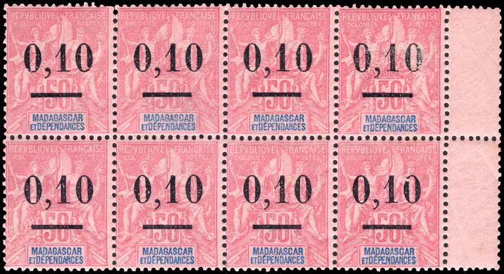 Madagascar 1902 0.10 on 50c type 2 block of 8 unmounted mint.