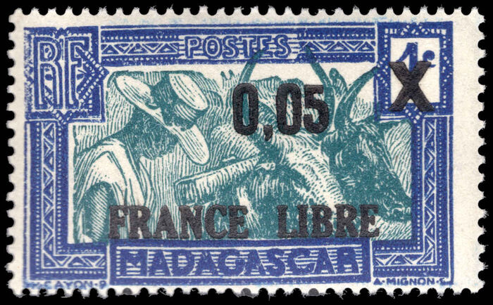 Madagascar 1943 France Libre 0.05 on 1c green and ultramarine unmounted mint.