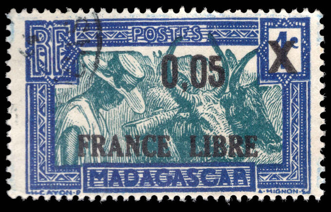 Madagascar 1943 France Libre 0.05 on 1c green and ultramarine fine used.