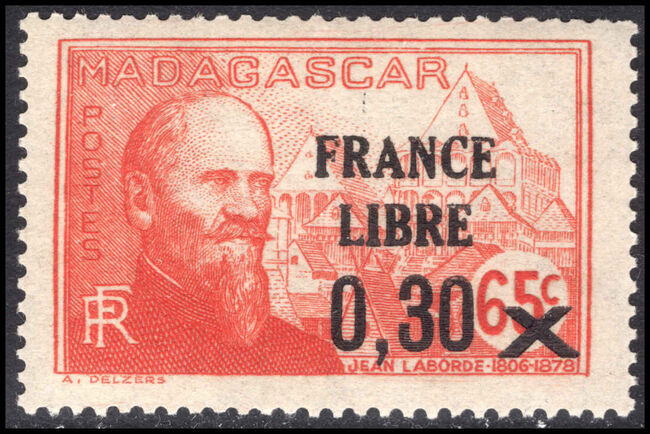 Madagascar 1943 France Libre 0.30 on 65c red Laborde lightly mounted mint.