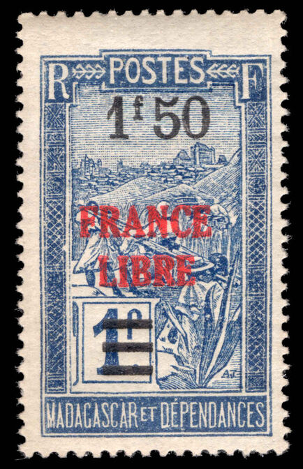 Madagascar 1943 France Libre 1f50 on 1f light blue and blue lightly mounted mint.