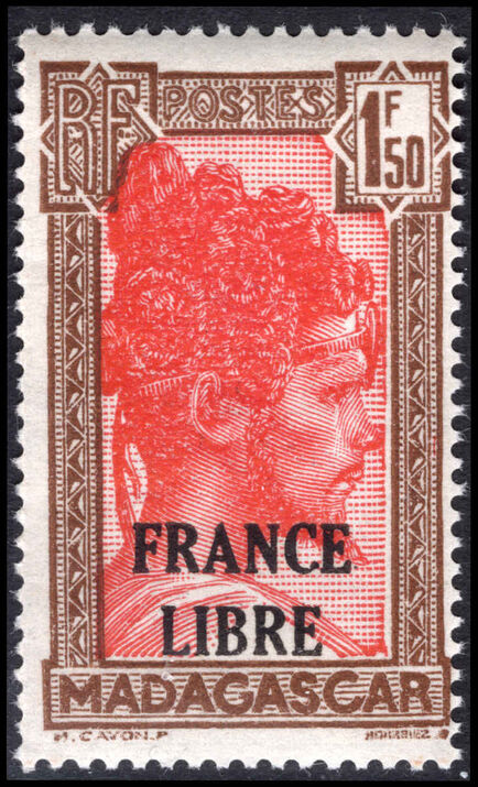 Madagascar 1943 France Libre 1f50 scarlet and chocolate unmounted mint.